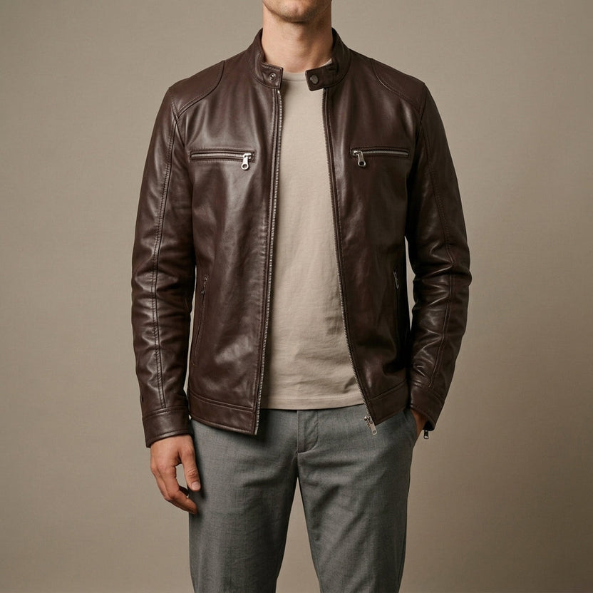 Men’s Stand-Collar Leather Moto Jacket with Zip Pockets