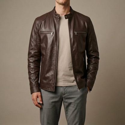 Men’s Stand-Collar Leather Moto Jacket with Zip Pockets