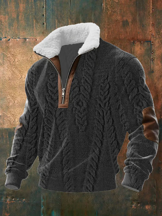 Men’s Faux Fur Collar Zip-Up Knit Pullover
