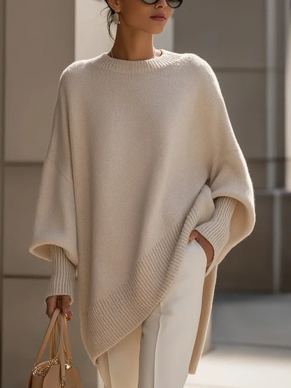 Women’s Oversized Draped Crew Neck Knit Sweater with Ribbed Cuffs