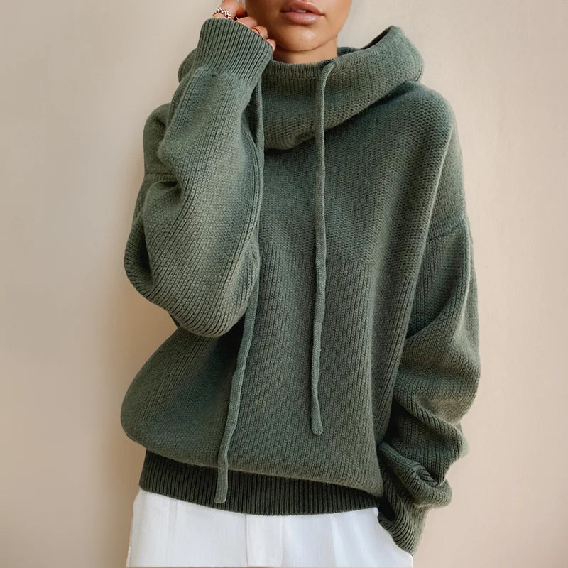 Women’s Oversized Textured Knit Cowl Neck Drawstring Pullover