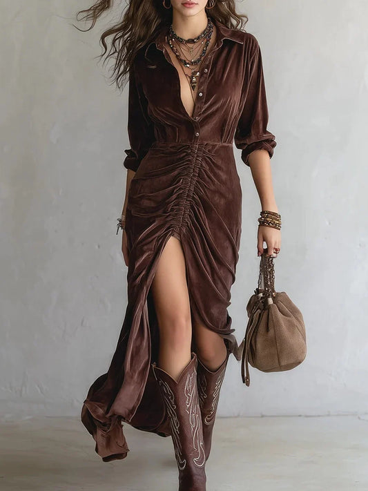 Women's Vintage Pleated Velvet Midi Dress with Button Details