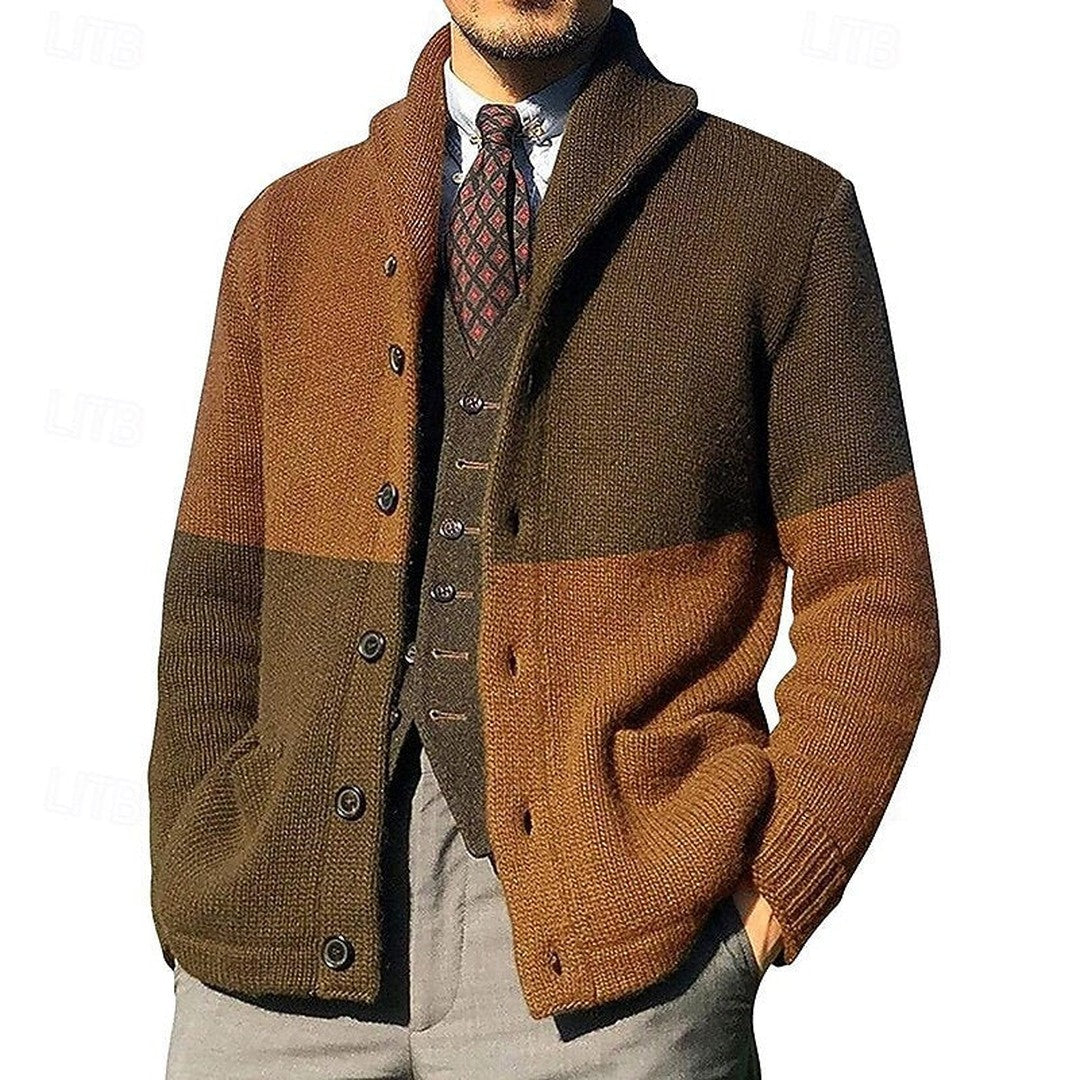 Men’s Color-Block Shawl Collar Button-Front Cardigan