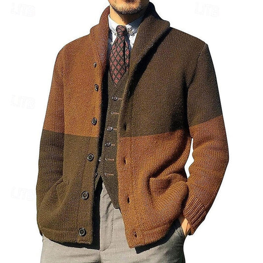 Men’s Color-Block Shawl Collar Button-Front Cardigan