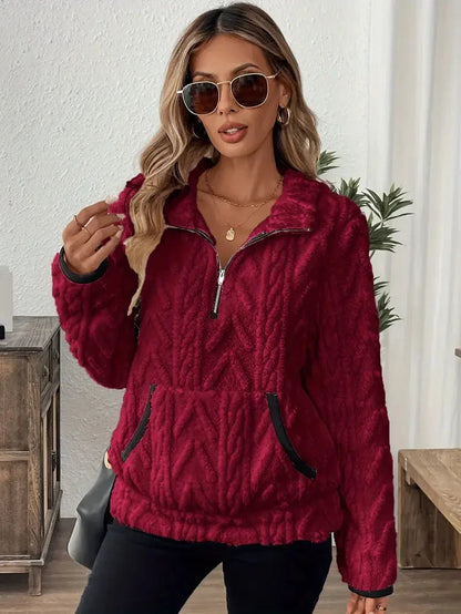 Women’s Cable-Textured Fleece Quarter-Zip Pullover with Kangaroo Pocket