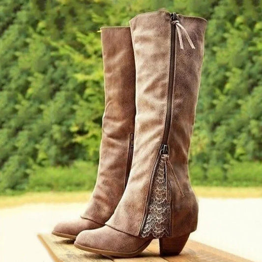 Women’s Lace-Panel Western Boots with Side Zipper and Stacked Heel
