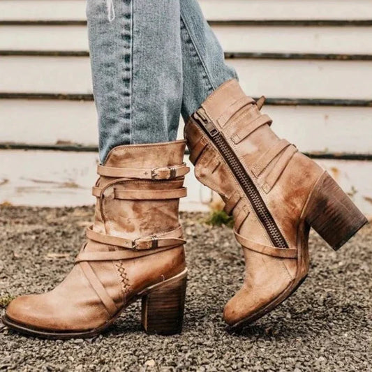 Women’s Suede Strappy Buckle Ankle Boots with Stacked Heel