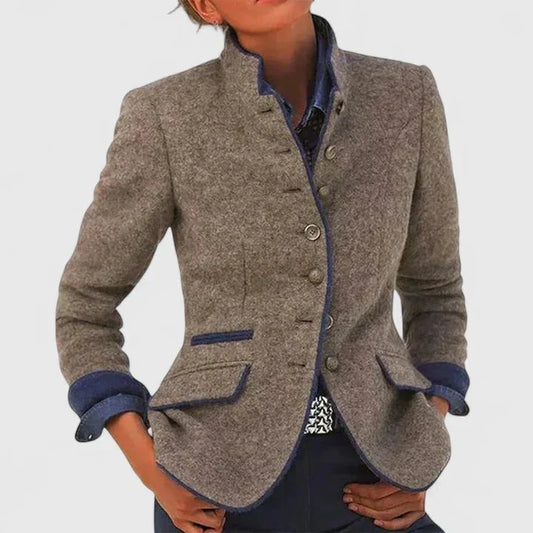 Women’s Tailored Stand-Collar Blazer Jacket with Contrast Piping and Turn-Back Cuffs