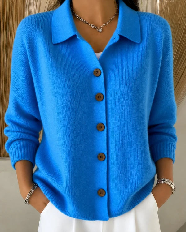 Women’s Lightweight Ribbed Polo Neck Button-Front Knit Cardigan