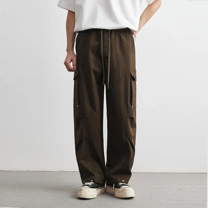 Men’s Wide-Leg Cotton Canvas Cargo Trousers with Flap Pockets