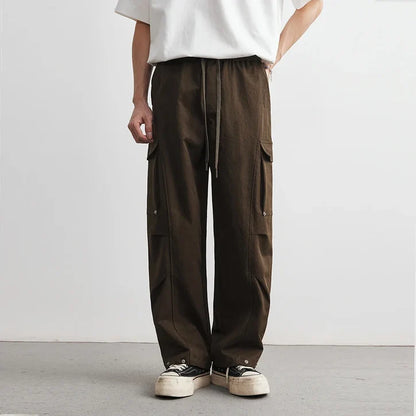 Men’s Wide-Leg Cotton Canvas Cargo Trousers with Flap Pockets