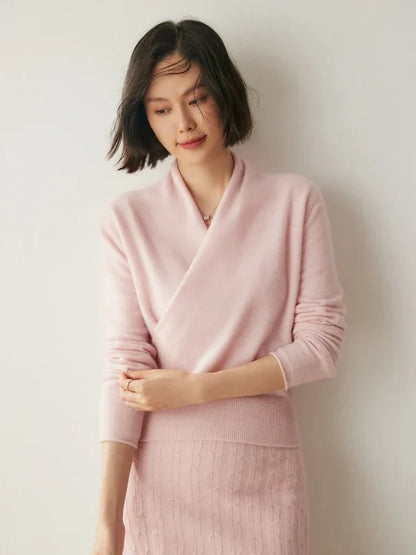 Women’s Crossover Neck Slim-Fit Knit Sweater with Ribbed Trim