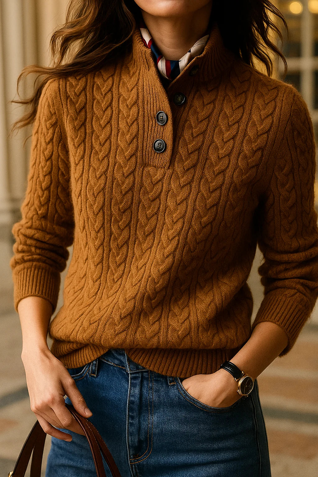 Women’s Cable Knit Stand-Collar Button Sweater