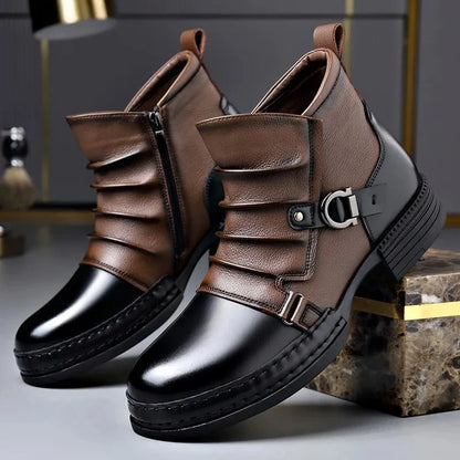 Men’s Leather Ankle Boots with Layered Fold and Buckle Detail