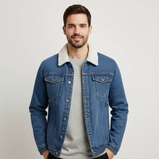 Men’s Sherpa-Lined Denim Trucker Jacket with Turn-Up Collar