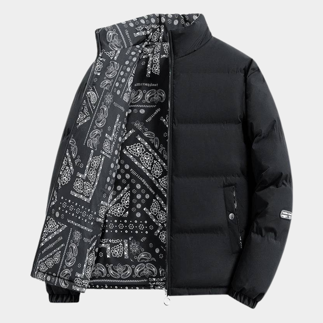 Men’s Paisley-Panel Quilted Stand-Collar Puffer Jacket