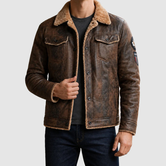 Men’s Fleece-Lined Leather Trucker Jacket