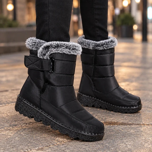 Women’s Plush Collar Microfiber Boots with Wraparound Strap