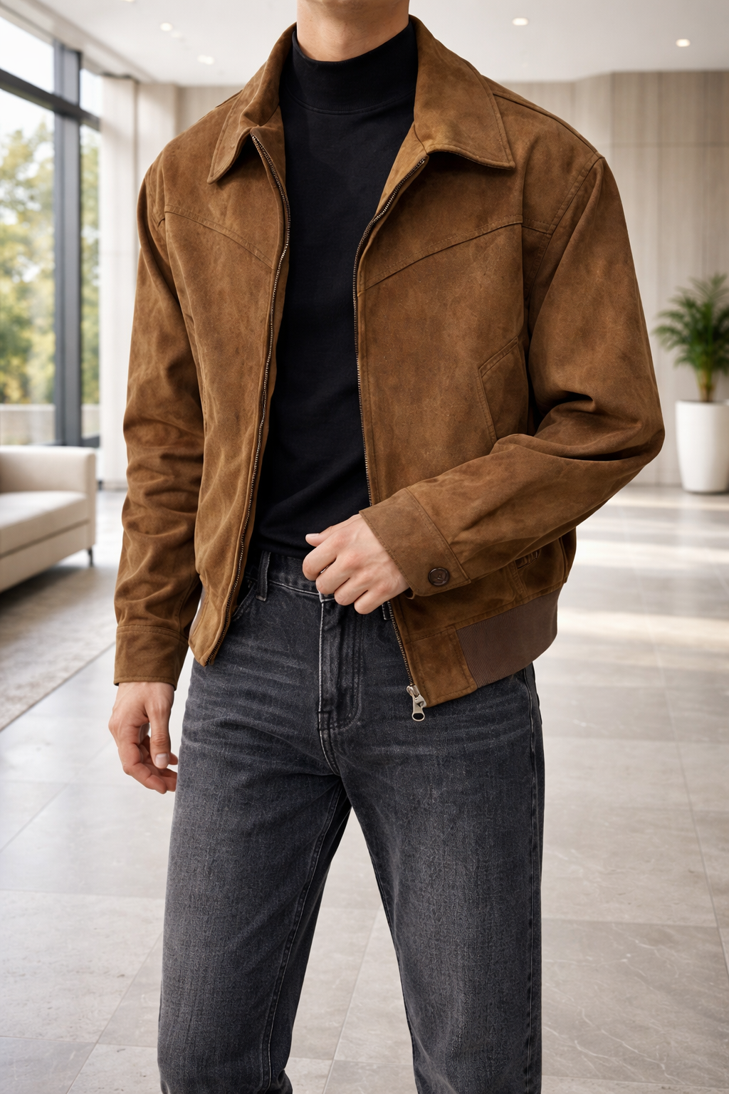 Men’s Modern Suede Leather Zip Jacket