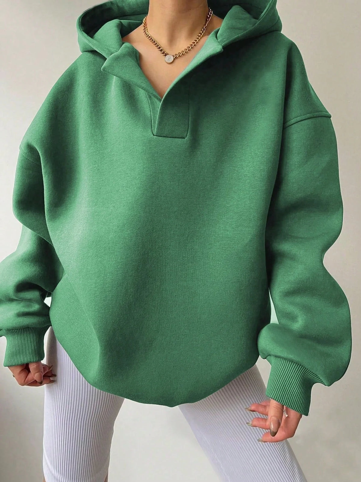Women’s Oversized Collared V-Neck Pullover Hoodie with Ribbed Trim