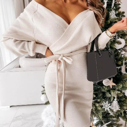 Women's V-Neck Wrap Knit Sweater Dress with Adjustable Waist Belt