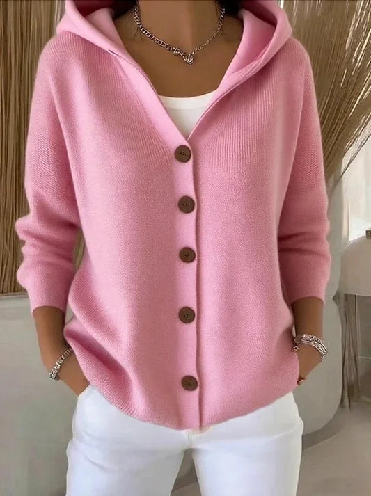 Women’s Soft Knit Hooded Button-Front Cardigan with Ribbed Cuffs