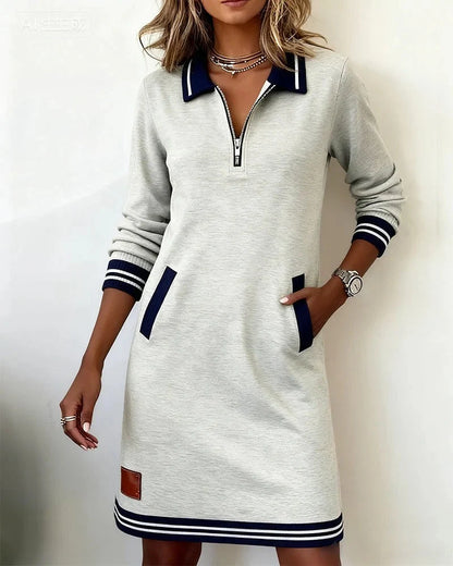 Women's Quarter-Zip Collared Mini Sweater Dress with Front Pockets