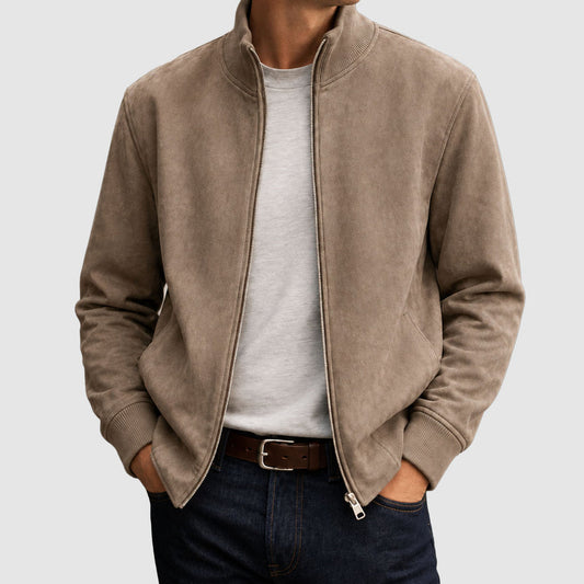 Men’s Suede-Style Zip Jacket with Ribbed Trim