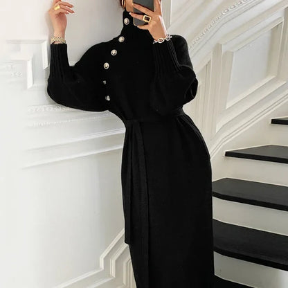 Women's High-Neck Knit Midi Dress with Balloon Sleeves and Waist Tie