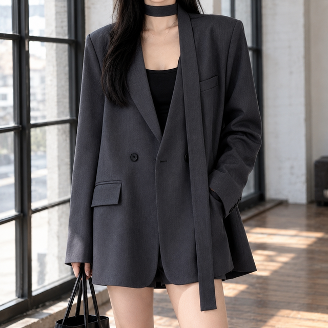 Women’s Longline Relaxed Blazer with Scarf Collar