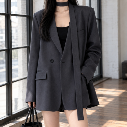 Women’s Longline Relaxed Blazer with Scarf Collar