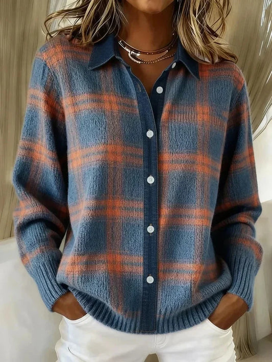 Women’s Oversized Plaid Brushed Shirt Jacket with Point Collar and Button Front