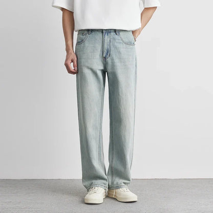 Men’s Wide-Leg Washed Denim Jeans with Five Pockets