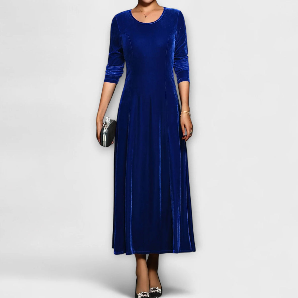 Women's Velvet A-Line Dress with Long Sleeves and Scoop Neck