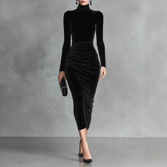 Women's Long Sleeve Velvet Bodycon Midi Dress with Ruched Waist