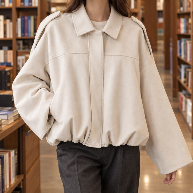 Cropped Suede Blouson Jacket with Gathered Hem