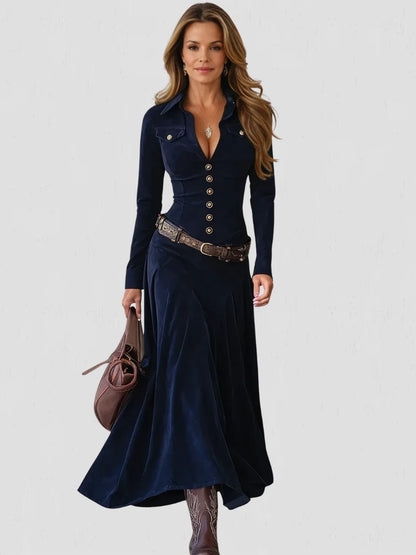 Women's Velvet-Touch Heritage Maxi Dress with Button-Front Design