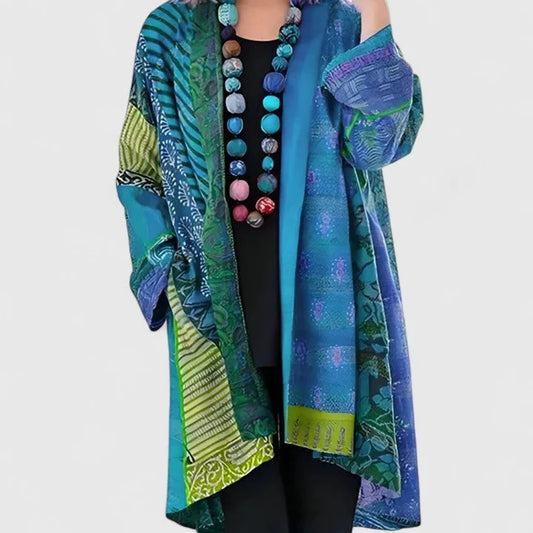 Women’s Longline Open-Front Patchwork Print Draped Cardigan with Flowing Sleeves