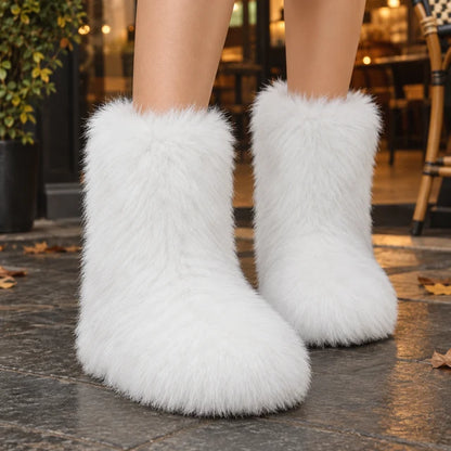 Women’s Mid-Calf Plush Boots with Rounded Toe and Flat Sole