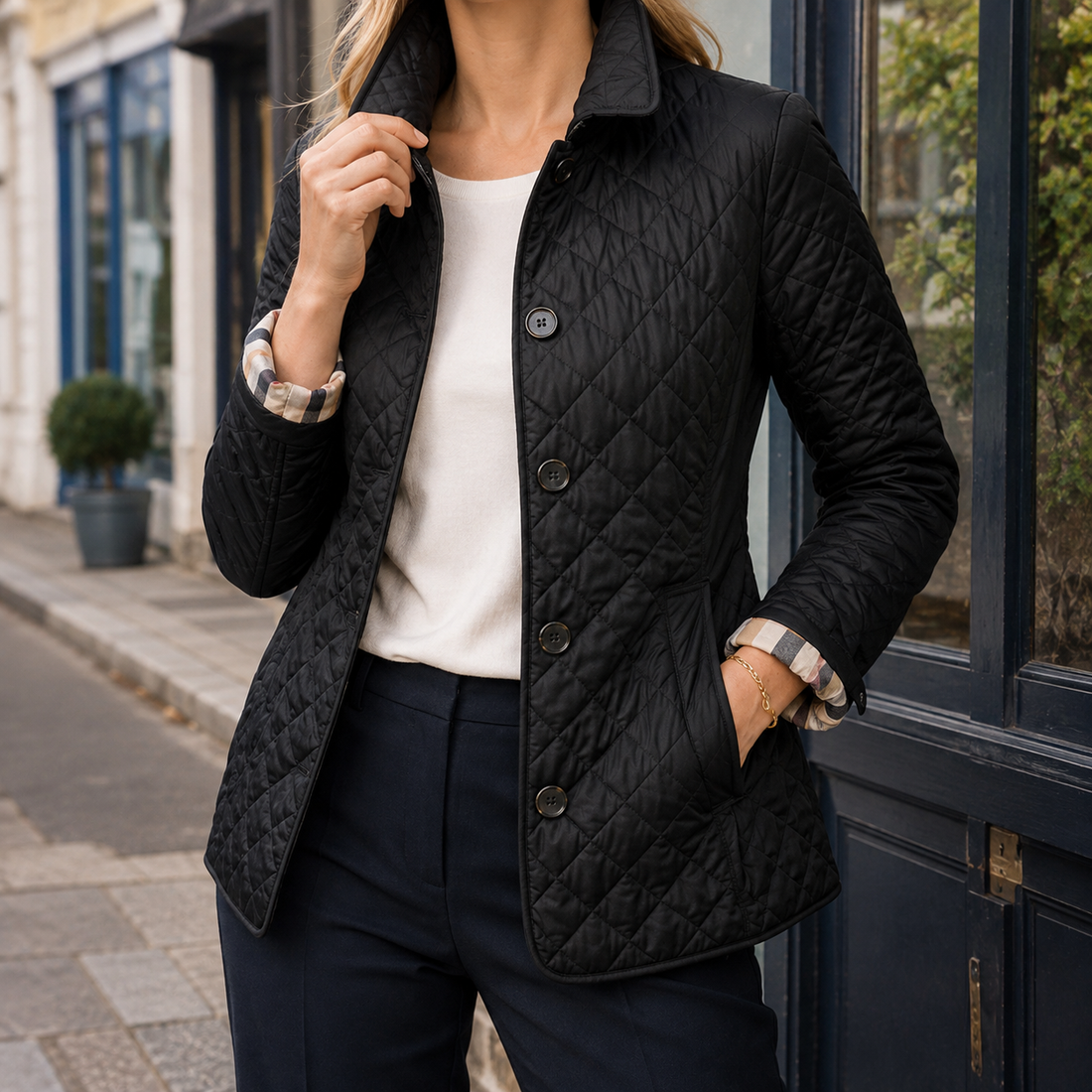 Women’s Diamond Quilted Jacket with Checked Turn-Back Cuffs