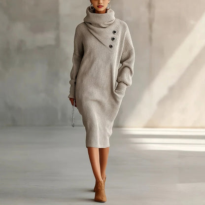 Women's Oversized Turtleneck Ribbed Sweater Dress with Button Detail