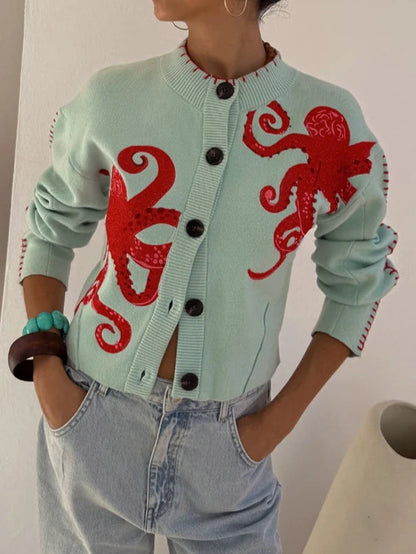 Women’s Octopus Motif Button-Front Knit Cardigan