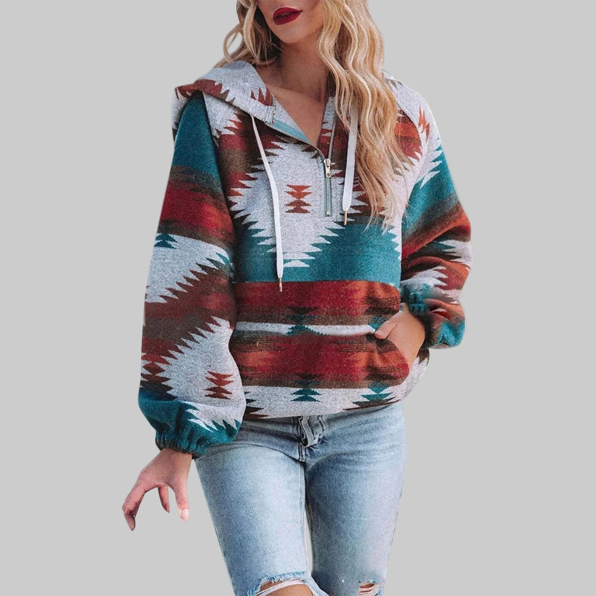 Women’s Geometric Pattern Half-Zip Hooded Pullover with Front Pocket