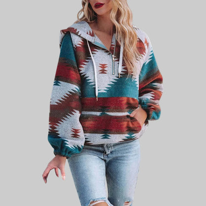 Women’s Geometric Pattern Half-Zip Hooded Pullover with Front Pocket