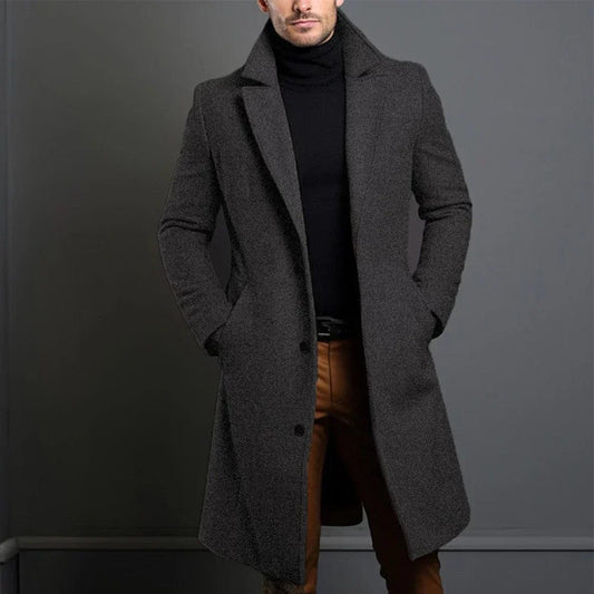 Men’s Long Tailored Wool-Blend Overcoat with Notch Lapels