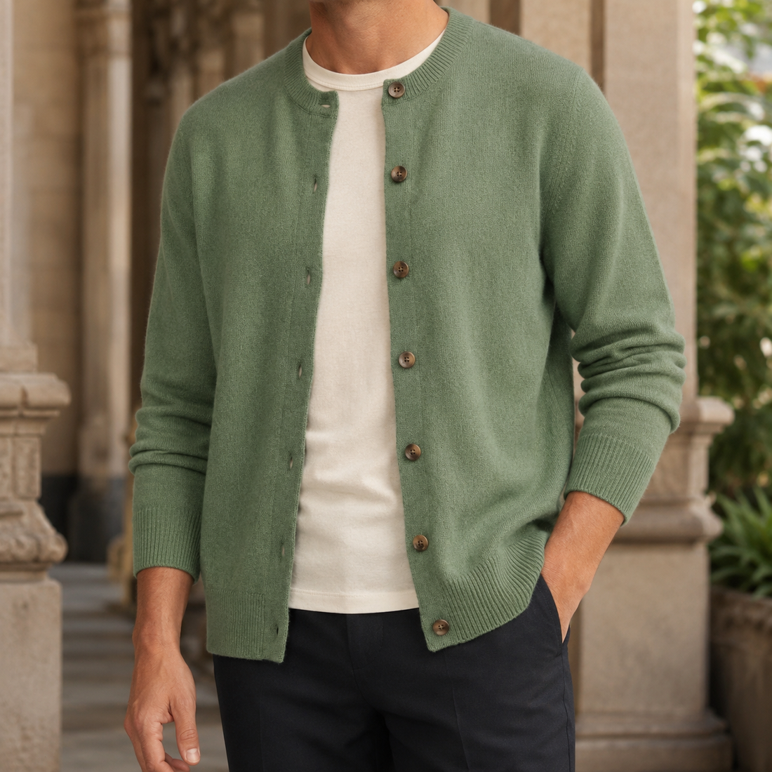 Men’s Soft Knit Button-Front Crewneck Sweater