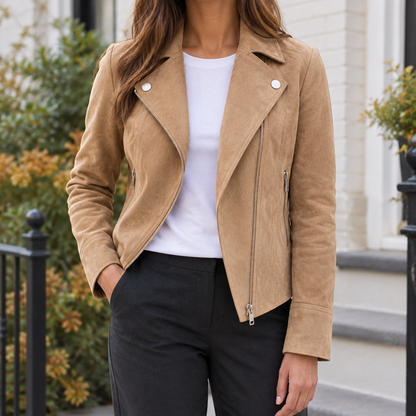 Women’s Fitted Suede Moto Jacket with Silver Hardware