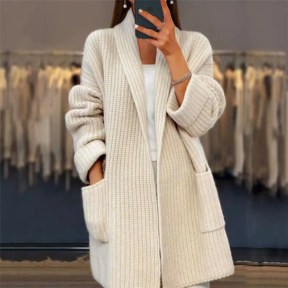 Women’s Longline Textured Open-Front Cardigan with Pockets