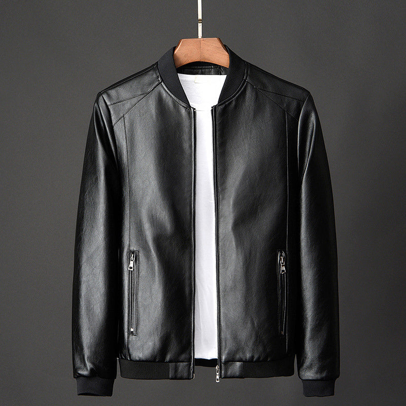 Men’s Smooth Faux Leather Ribbed Collar Bomber Jacket