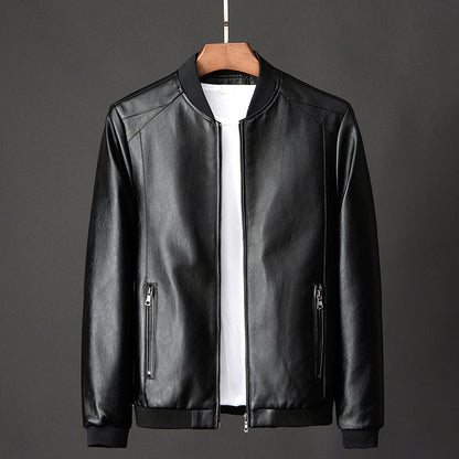 Men’s Smooth Faux Leather Ribbed Collar Bomber Jacket